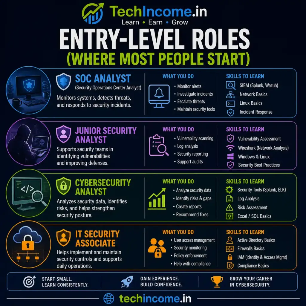 Cybersecurity Career Roadmap for Beginners in India — No Degree Needed (2026 Guide) 2 Entry Level Roles in Cyber Security