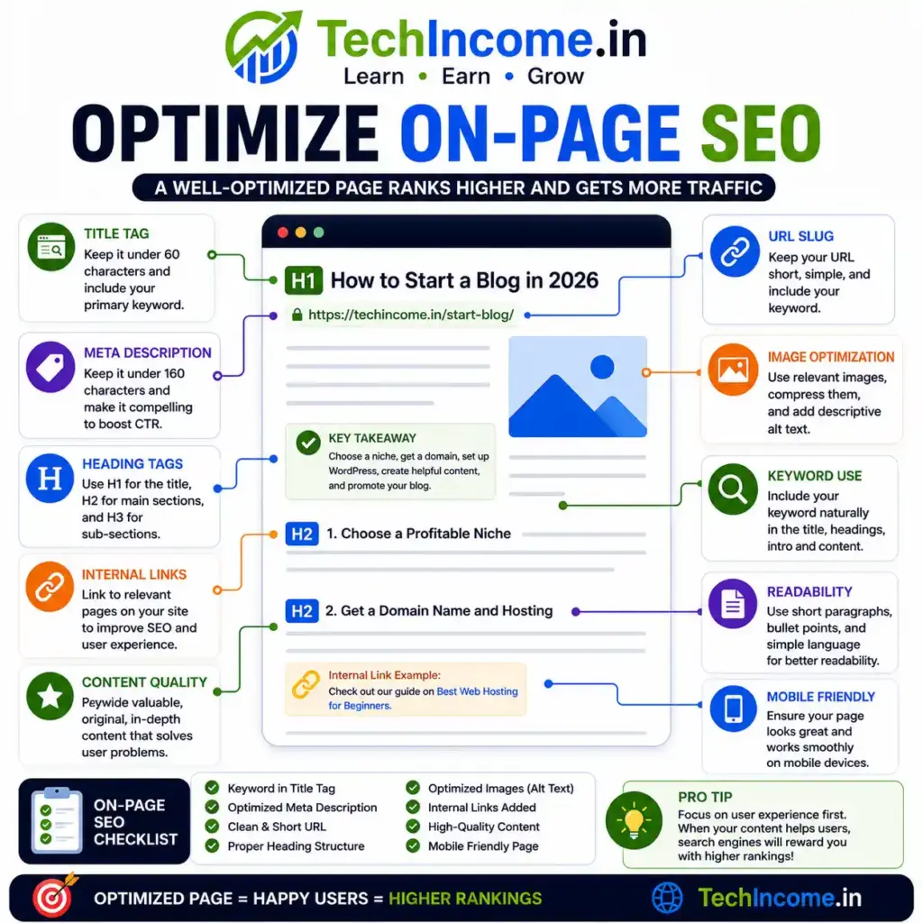 How to Write SEO Blog Posts That Rank in 2026 6 Optimize On Page SEO - A well optimized page ranks higher and gets more traffic