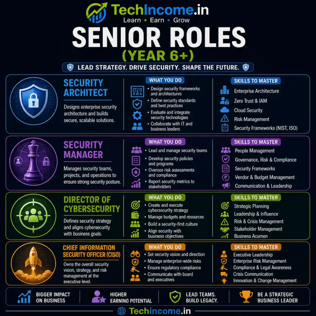 Cybersecurity Career Roadmap for Beginners in India — No Degree Needed (2026 Guide) 4 Senior Level Roles in Cyber Security