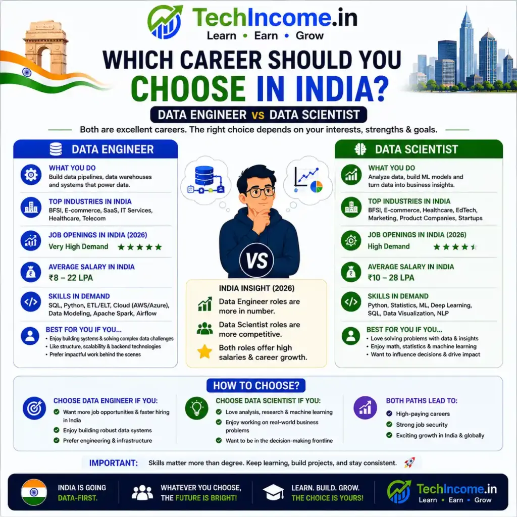 Data Engineer vs Data Scientist: What's the Difference and Which Pays More? (2026) 5 Which career should you choose in india